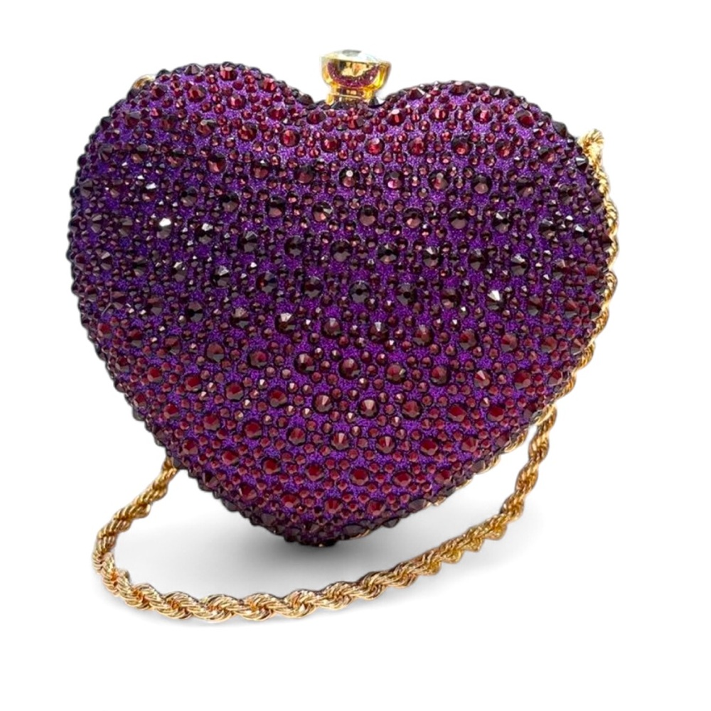 Purple Heart Shaped Rhinestone Inlaid, Metal Chain Strap Handbag / Clutch